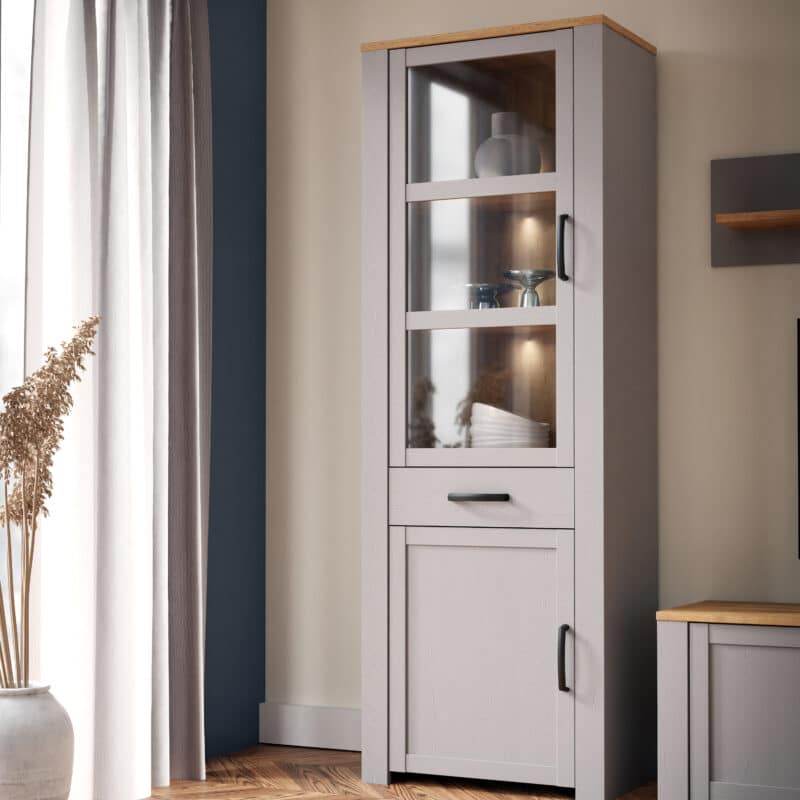 Furniture To Go Bohol 2 Door 1 Drawer Narrow Grey Display Cabinet With LED Lighting The Home and Office Stores