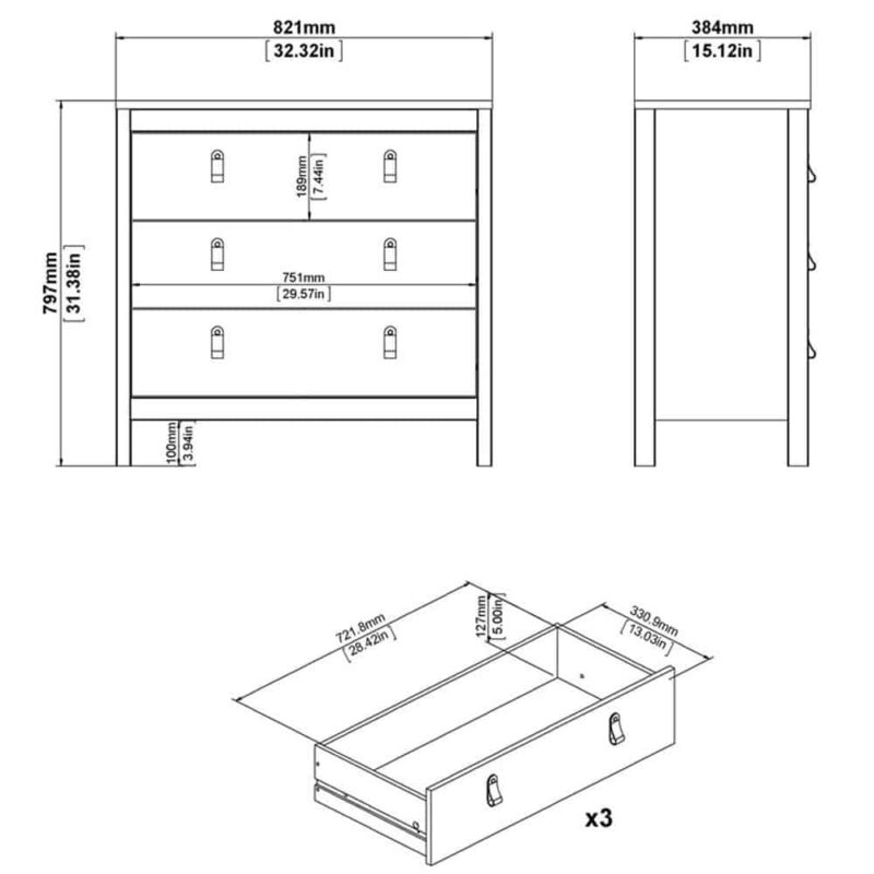Furniture To Go Barcelona 3 Drawer Chest Matt Black