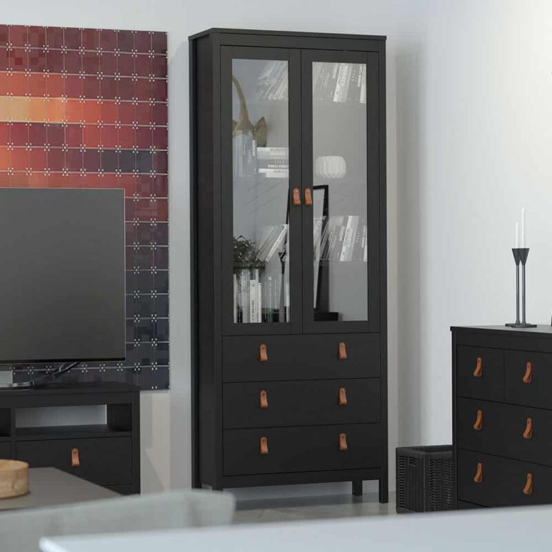 Furniture To Go Barcelona China Cabinet 2 Glass Doors 3 Drawers Matt Black