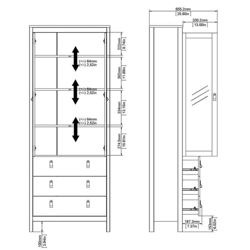 Furniture To Go Barcelona China Cabinet 2 Glass Doors 3 Drawers Matt Black
