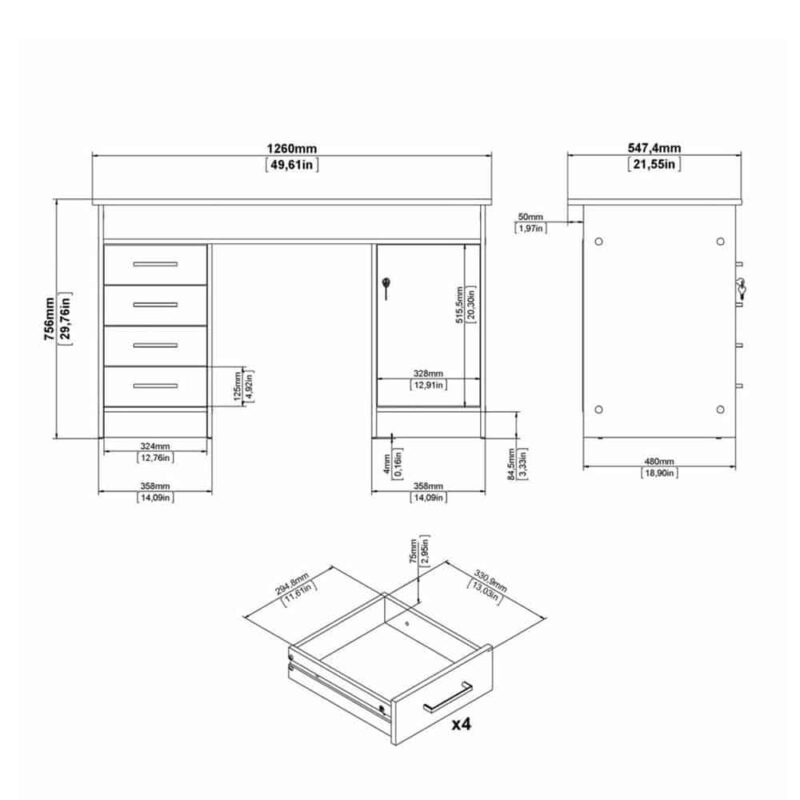 Furniture To Go Function Plus Desk 4 Drawer 1 Door White Grey