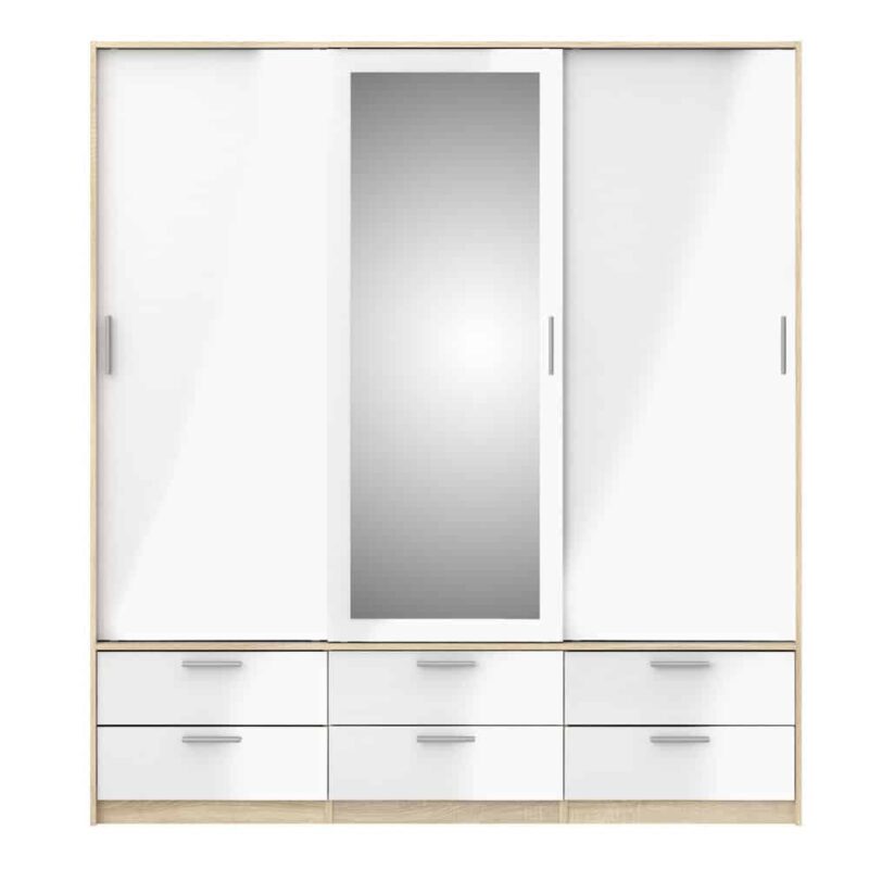 Furniture To Go Line 3 Door Wardrobe 6 Drawers Oak White High Gloss
