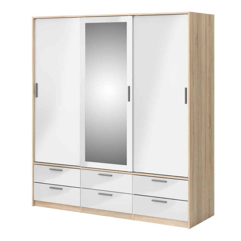 Furniture To Go Line 3 Door Wardrobe 6 Drawers Oak White High Gloss