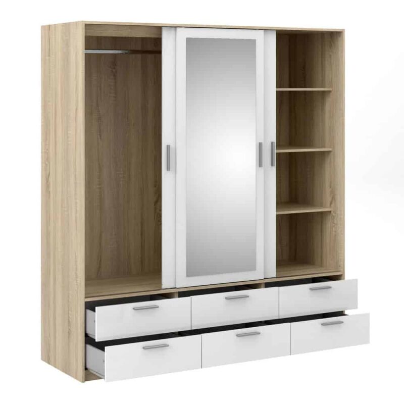 Furniture To Go Line 3 Door Wardrobe 6 Drawers Oak White High Gloss