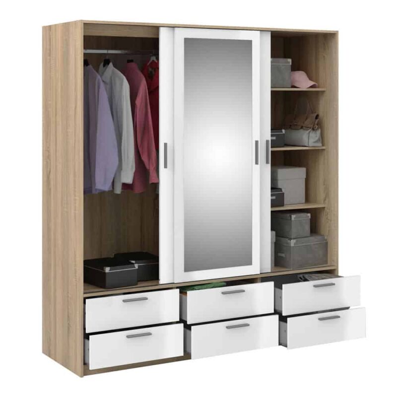 Furniture To Go Line 3 Door Wardrobe 6 Drawers Oak White High Gloss