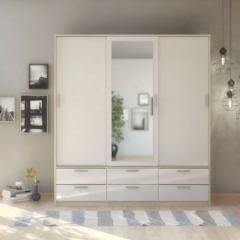 Furniture To Go Line 3 Door Wardrobe 6 Drawers Oak White High Gloss