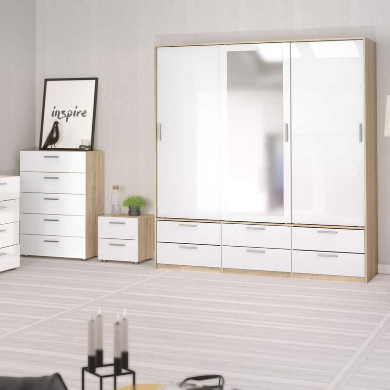 Furniture To Go Line 3 Door Wardrobe 6 Drawers Oak White High Gloss