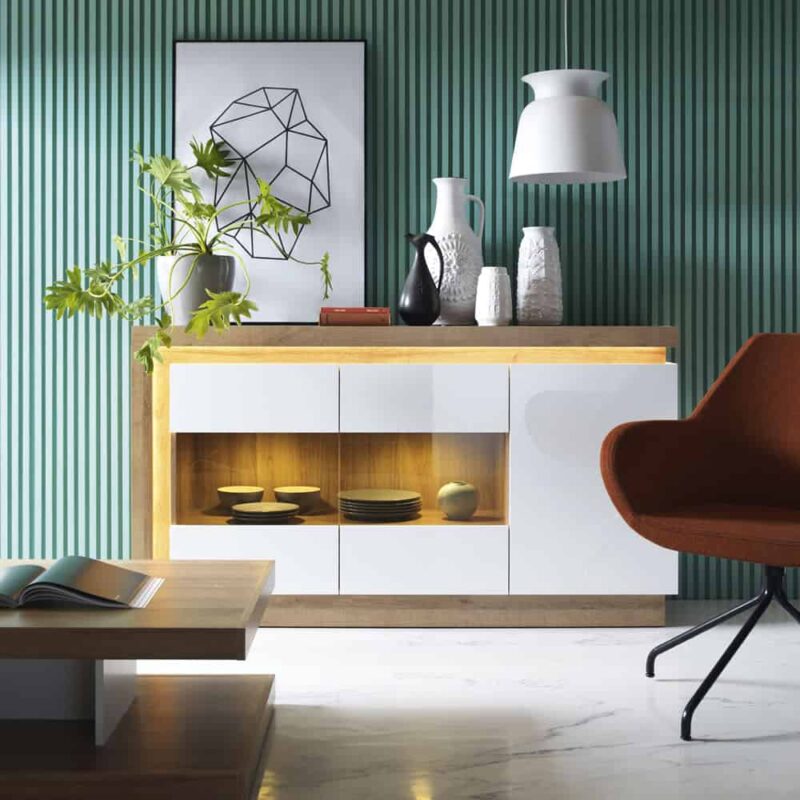 Furniture To Go Lyon 3 Door Glazed Sideboard Oak White High Gloss