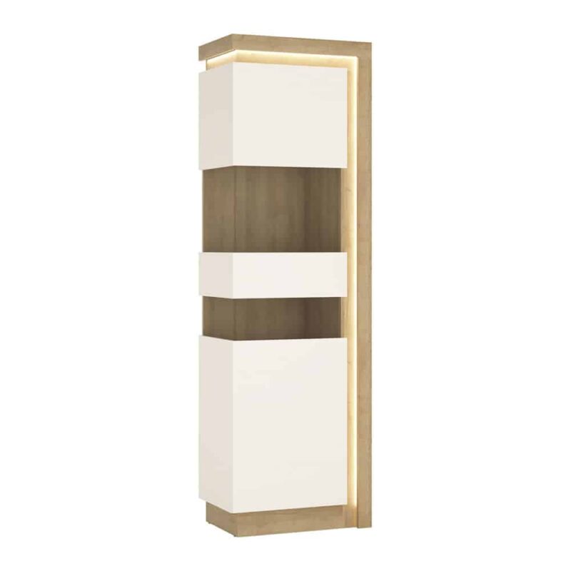 Furniture To Go Lyon Tall Narrow Display Cabinet LH Oak White High Gloss