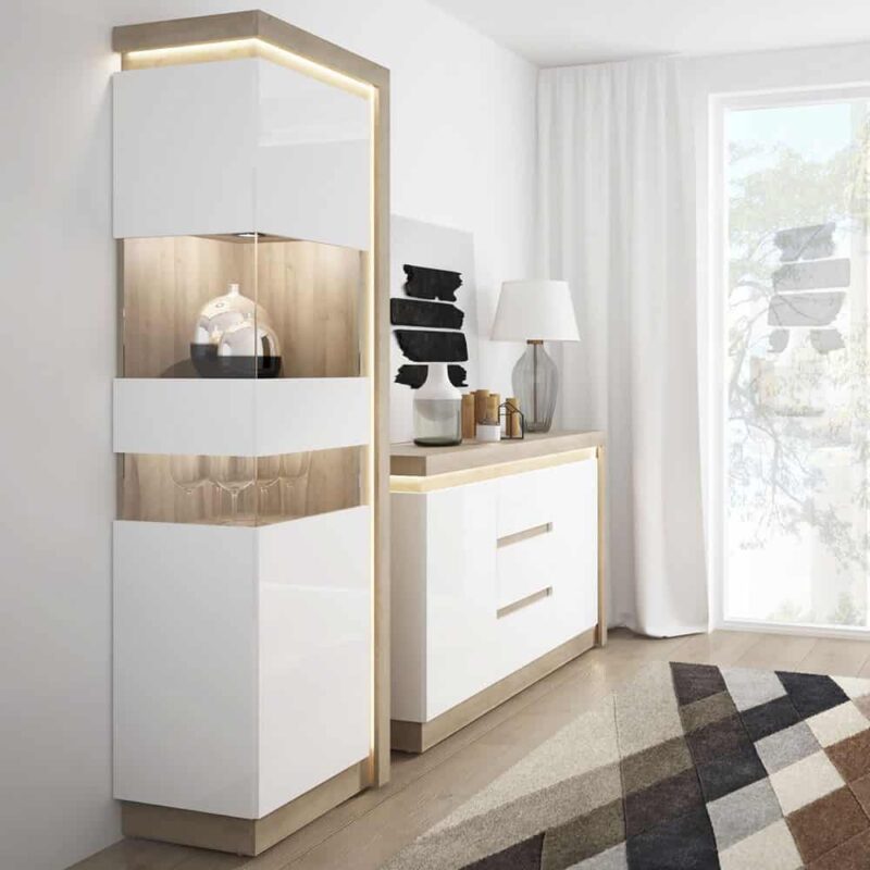 Furniture To Go Lyon Tall Narrow Display Cabinet LH Oak White High Gloss