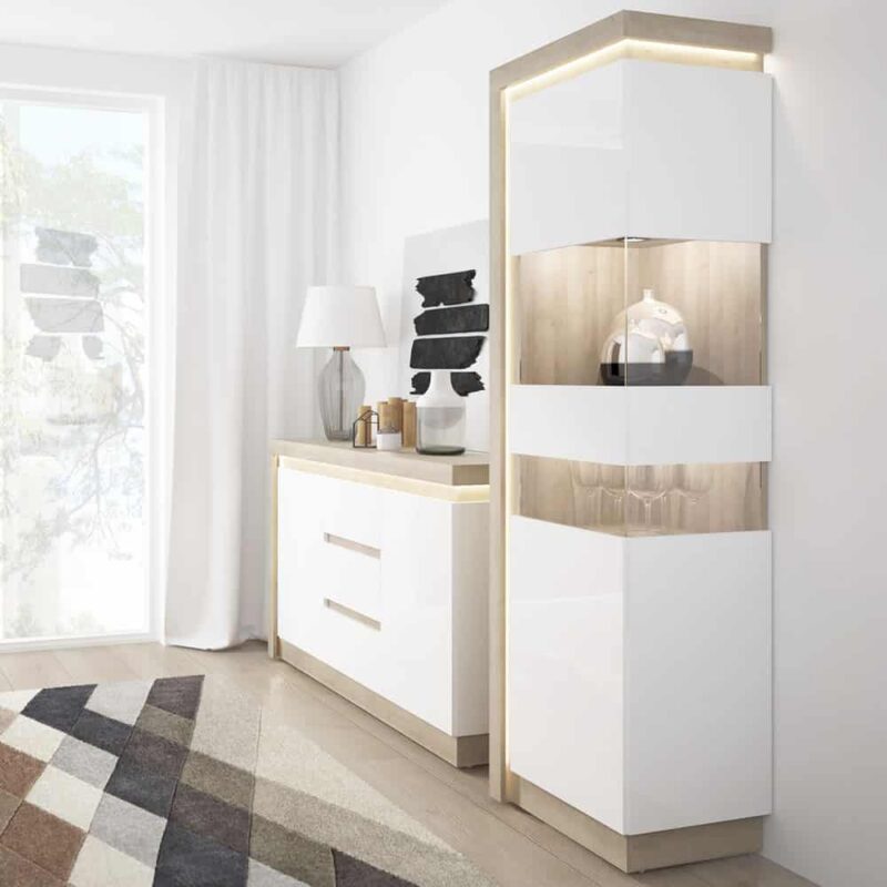 Furniture To Go Lyon Tall Narrow Display Cabinet RH Oak White High Gloss