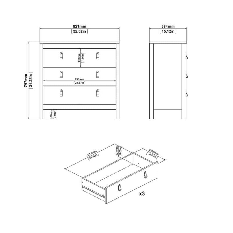 Furniture To Go Madrid 3 Drawer Chest Matt Black