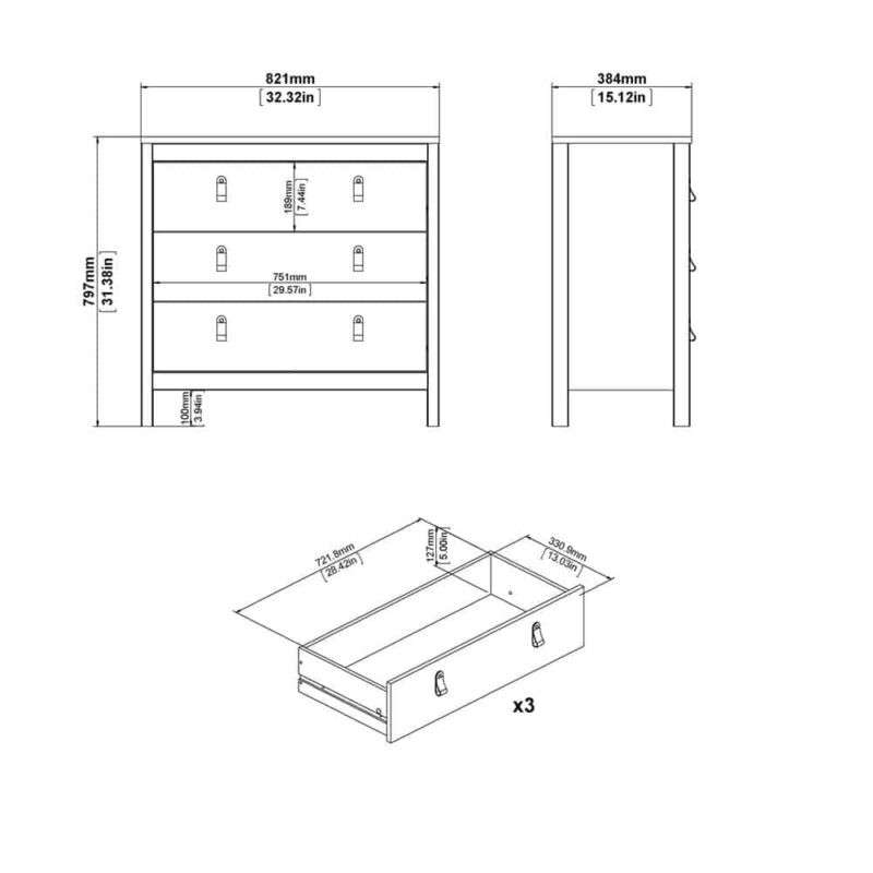 Furniture To Go Madrid 3 Drawer Chest White