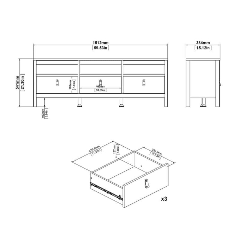 Furniture To Go Madrid TV Unit 3 Drawers Matt Black