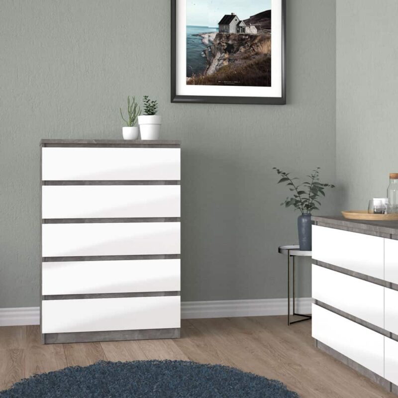 Furniture To Go Naia 5 Drawer Chest Concrete White High Gloss
