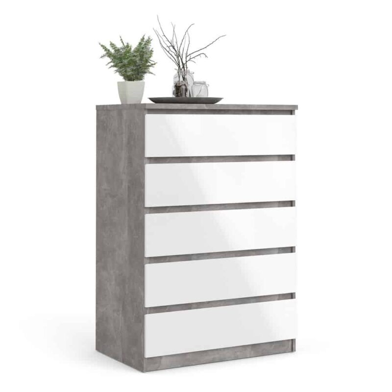 Furniture To Go Naia 5 Drawer Chest Concrete White High Gloss