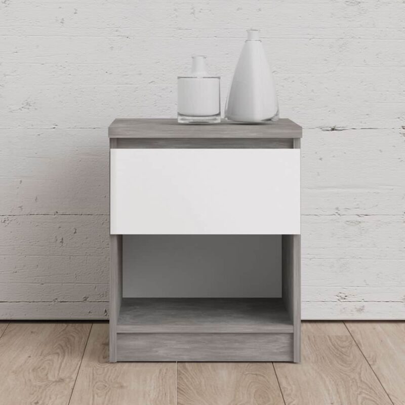 Furniture To Go Naia Bedside 1 Drawer 1 Shelf Concrete White High Gloss