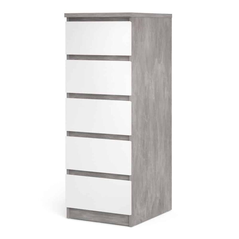 Furniture To Go Naia Narrow 5 Drawer Chest Concrete White High Gloss