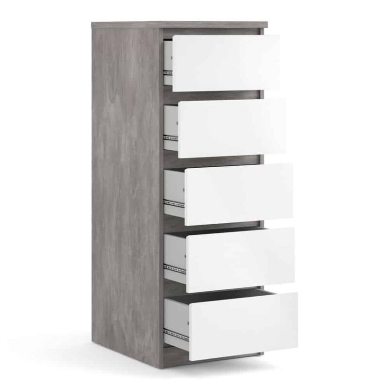Furniture To Go Naia Narrow 5 Drawer Chest Concrete White High Gloss