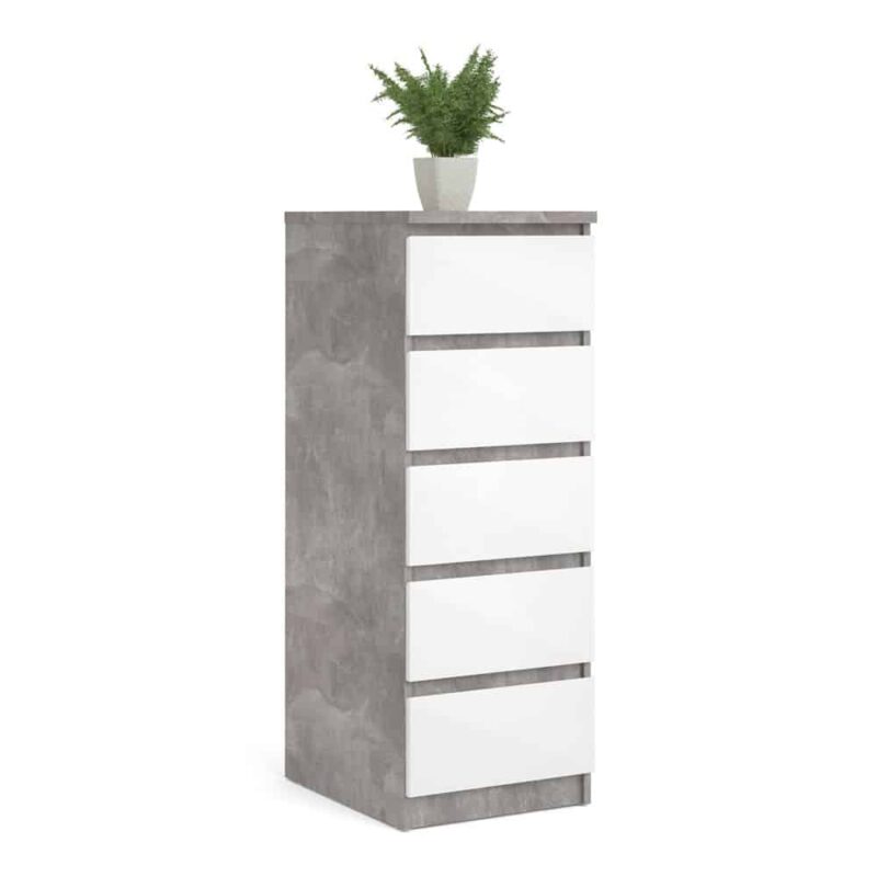 Furniture To Go Naia Narrow 5 Drawer Chest Concrete White High Gloss