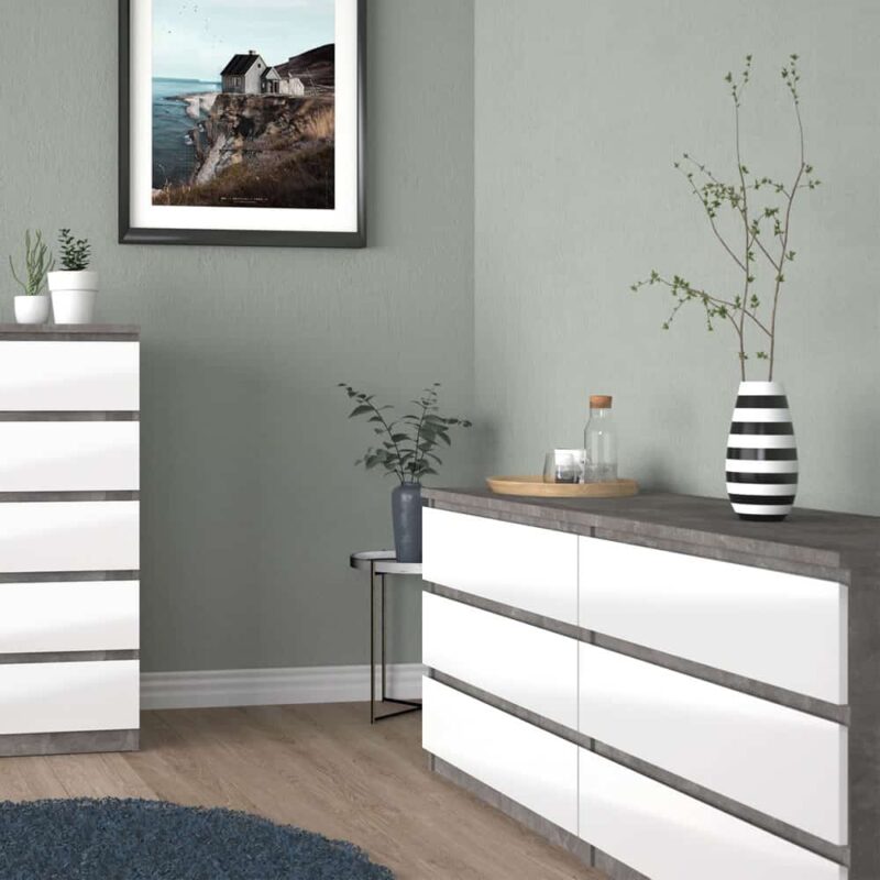 Furniture To Go Naia Wide 6 Drawer Chest Concrete White High Gloss