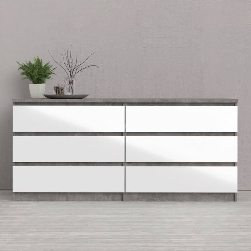 Furniture To Go Naia Wide 6 Drawer Chest Concrete White High Gloss