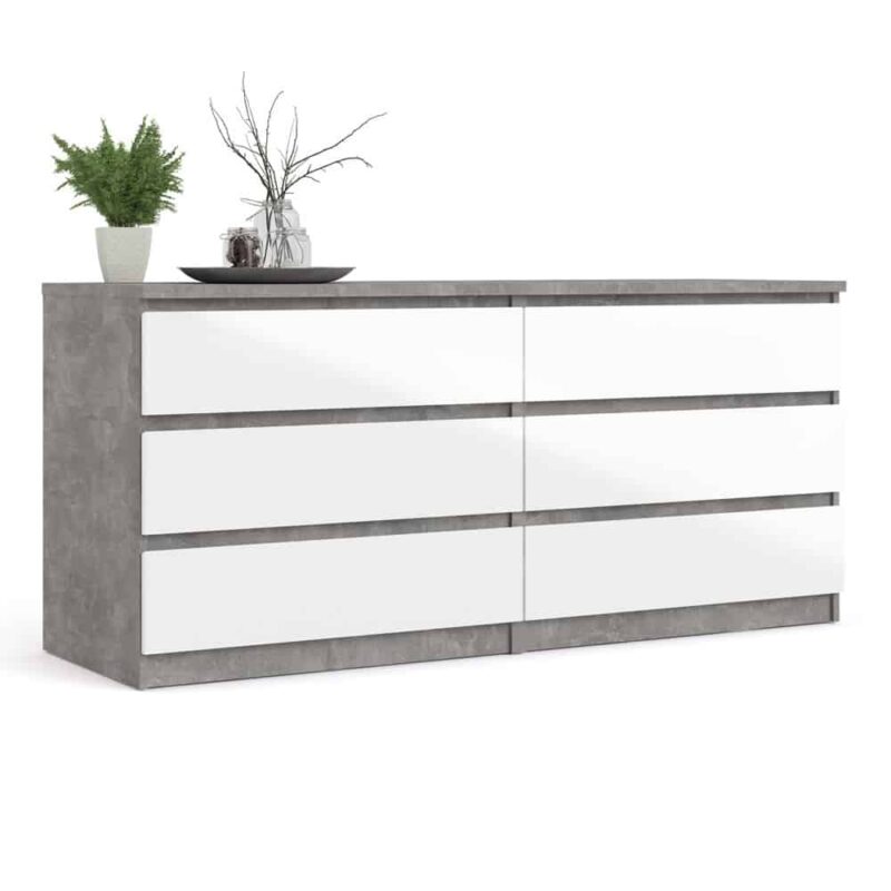 Furniture To Go Naia Wide 6 Drawer Chest Concrete White High Gloss