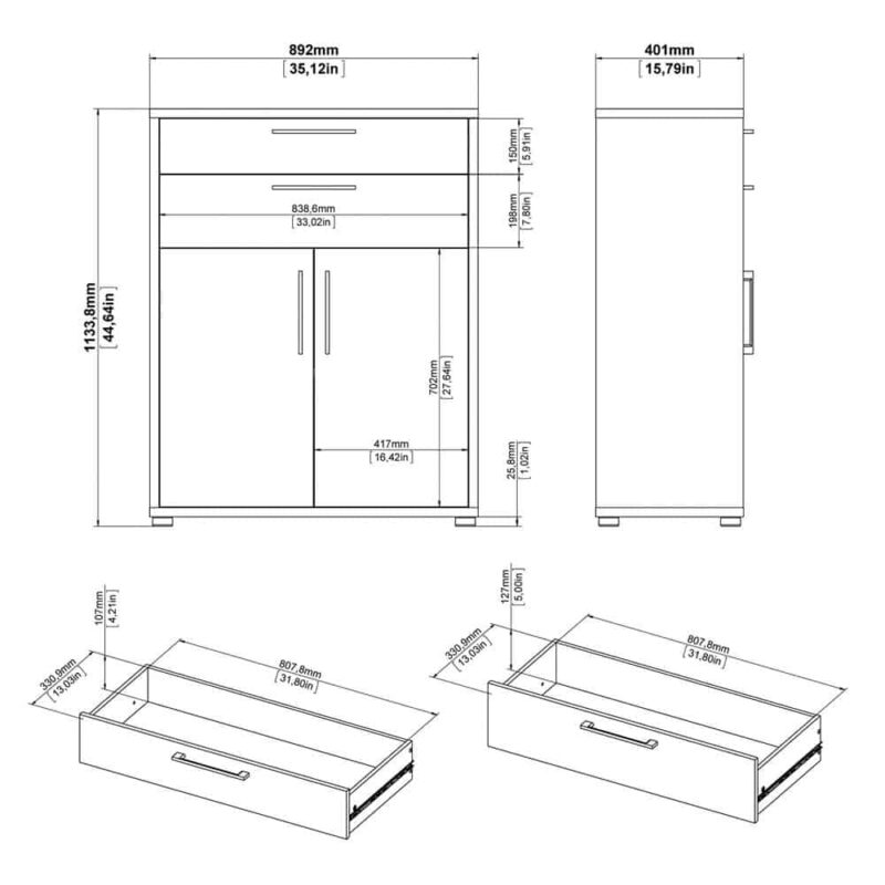 Furniture To Go Prima Cupboard 1 Shelf 2 Drawers 2 Doors White