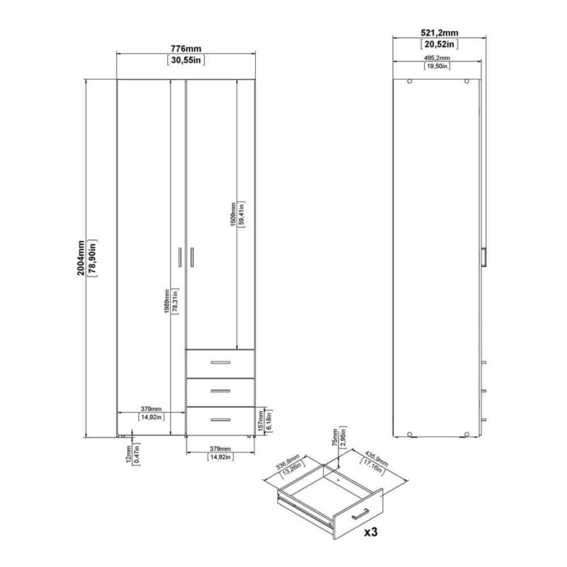 Furniture To Go Space Tall 2 Door Wardrobe 3 Drawers Oak