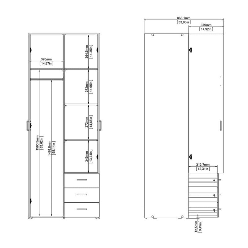 Furniture To Go Space Tall 2 Door Wardrobe 3 Drawers Oak