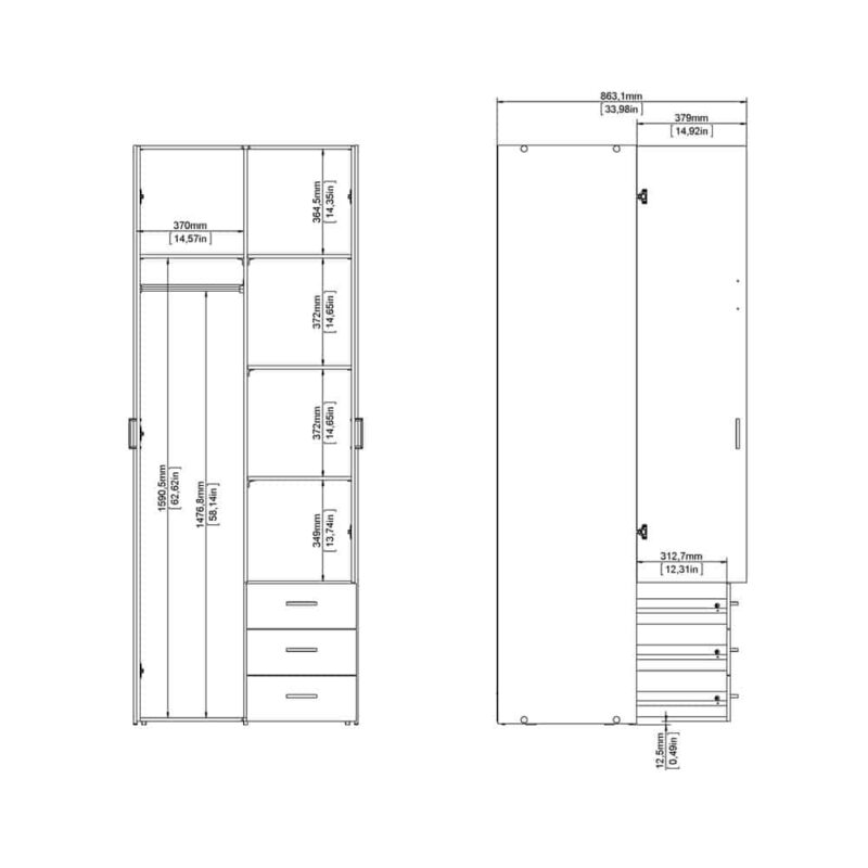 Furniture To Go Space Tall 2 Door Wardrobe 3 Drawers White