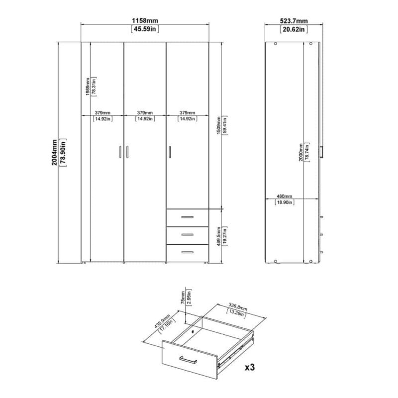 Furniture To Go Space Tall 3 Door Wardrobe 3 Drawers White