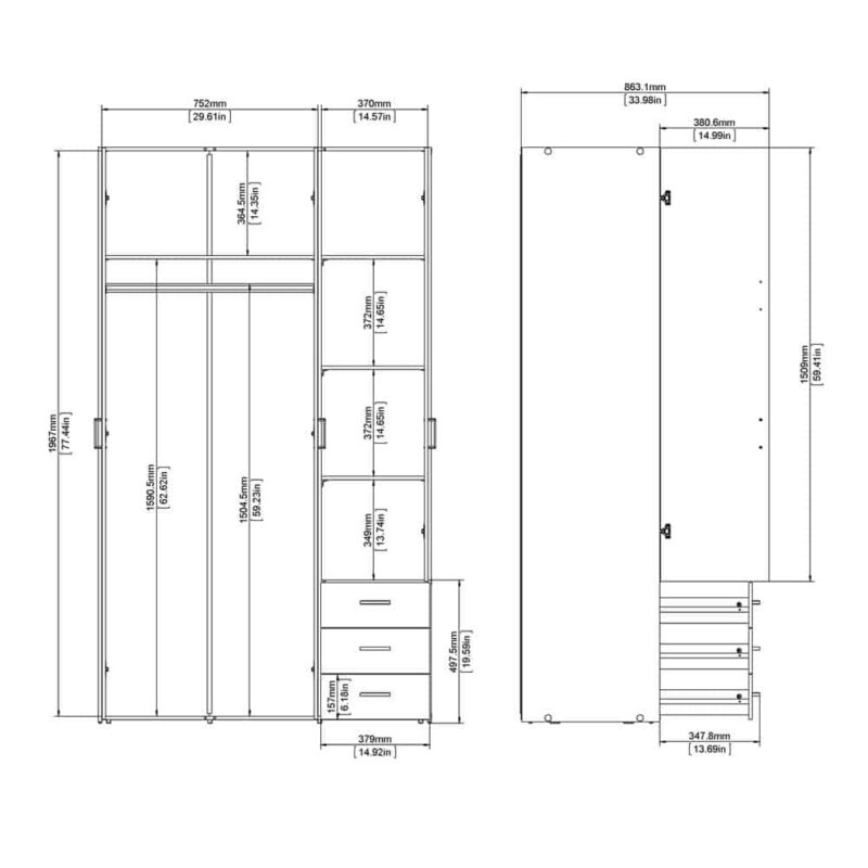 Furniture To Go Space Tall 3 Door Wardrobe 3 Drawers White