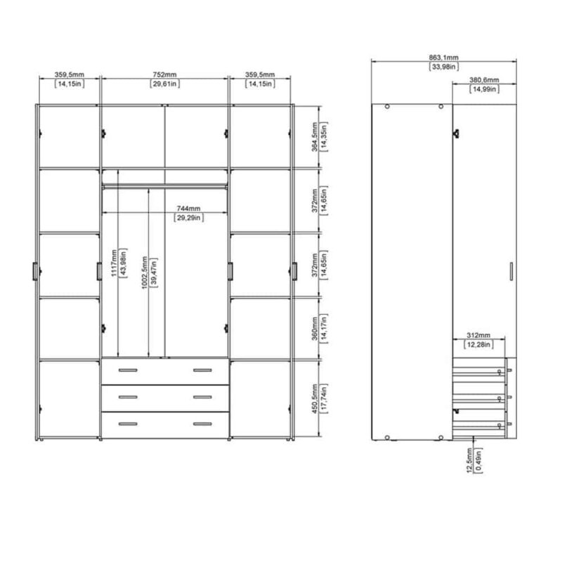 Furniture To Go Space Tall 4 Door Wardrobe 3 Drawers Oak