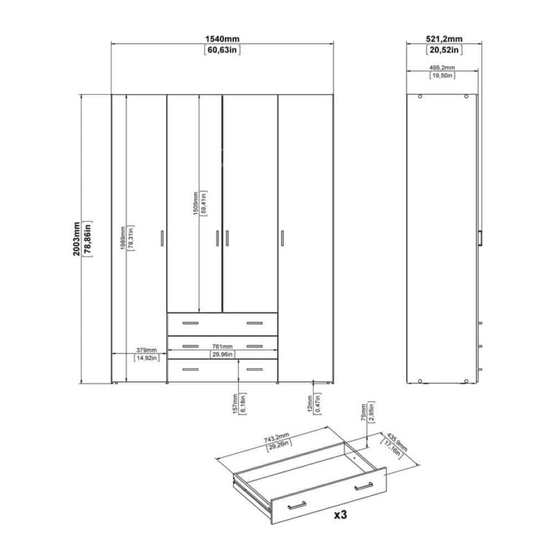Furniture To Go Space Tall 4 Door Wardrobe 3 Drawers White