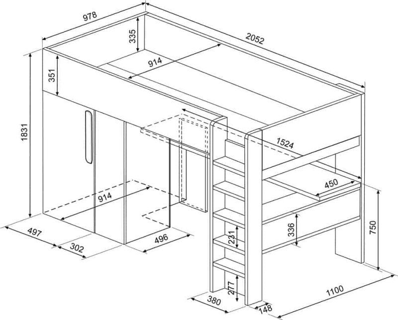 Trasman Mont Blanc High Sleeper Bed with Desk and Wardrobe